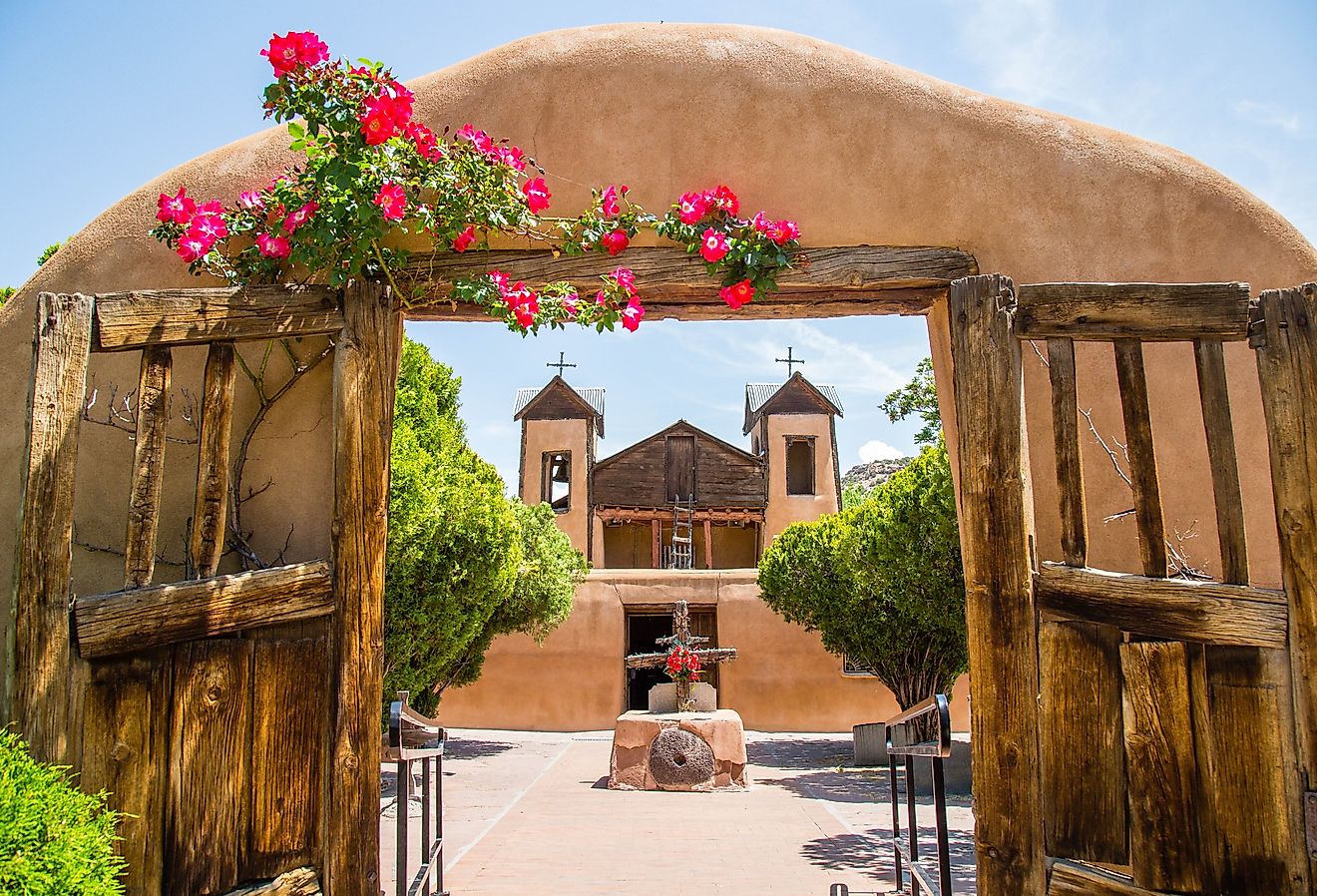 Historic adobe church El Santuario de Chimayo in Chimayo, New Mexico.