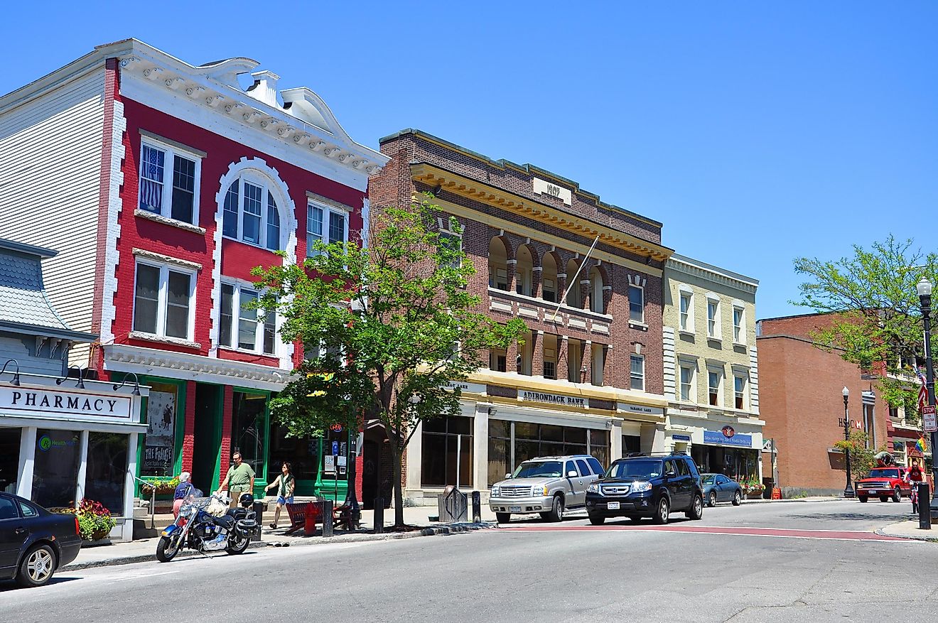 SARANAC LAKE, NY, USA - JUL. 3, 2011: Main Street in village of Saranac Lake in Adirondack Mountains, New York, USA.