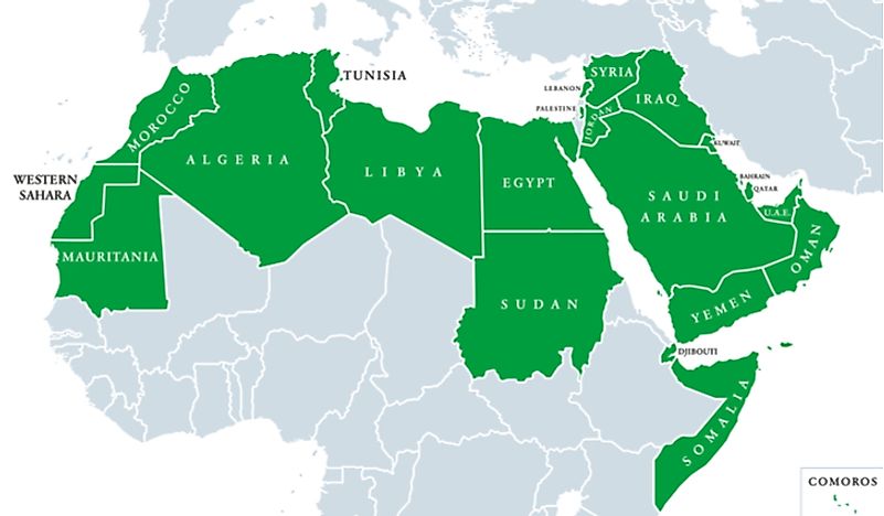 A map showing the Arab world, where Arabic is the primary language. 