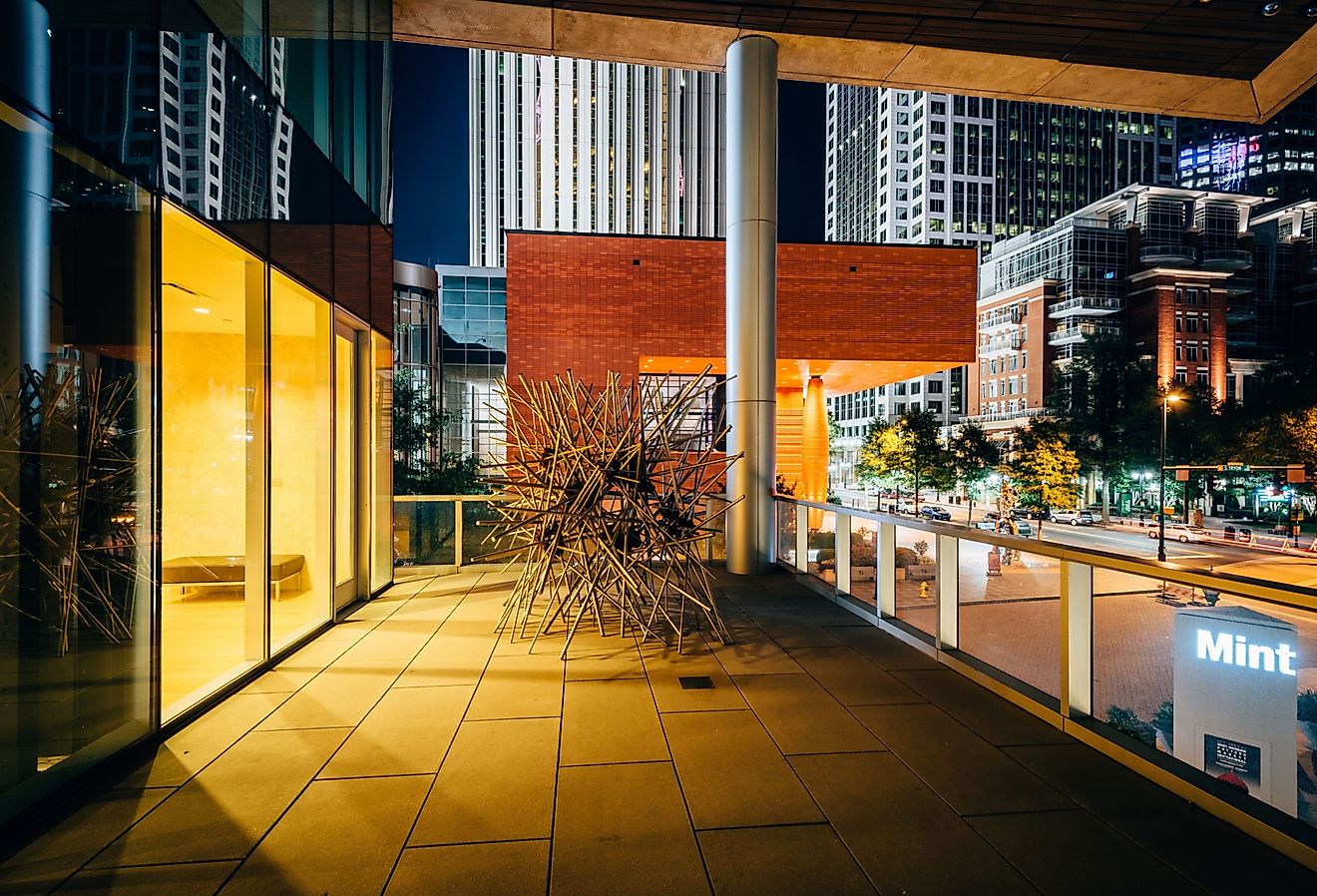 The exterior of the Mint Museum at night, in Uptown Charlotte, North Carolina.