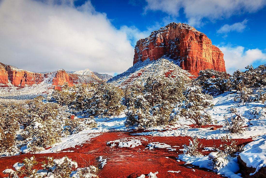 Snowfall at Courthouse Butte in Sedona, Arizona.