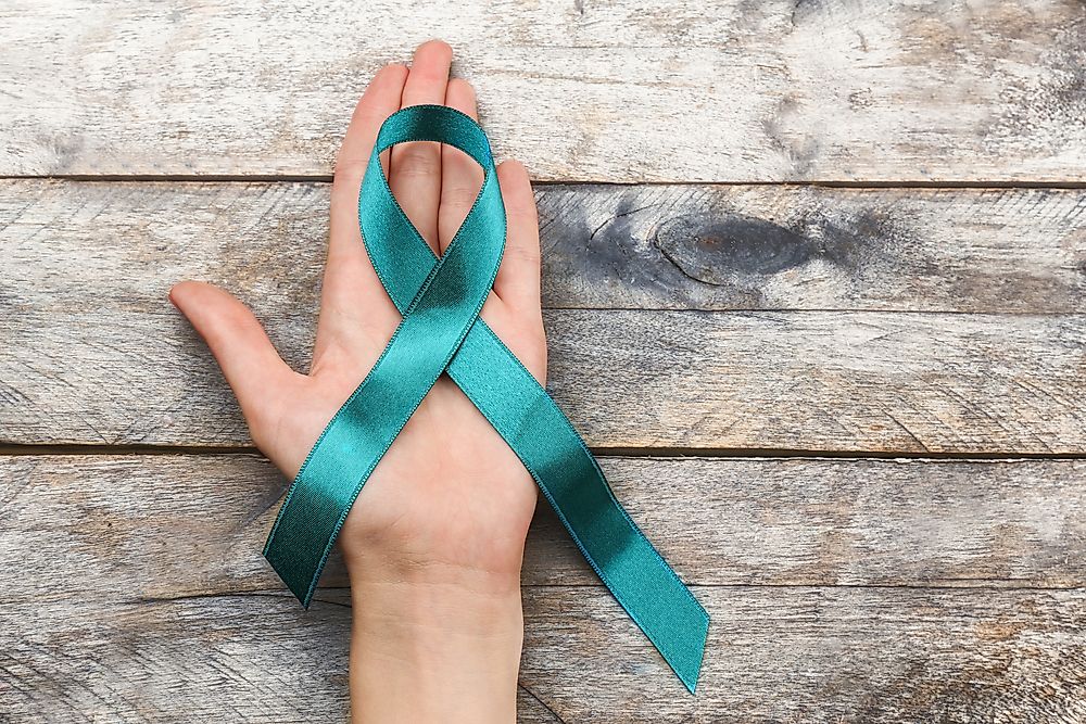 A teal ribbon for ovarian cancer awareness. 