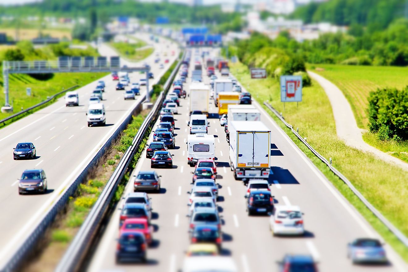 Traffic jam on Stuttgart highway, tilt shift effect.