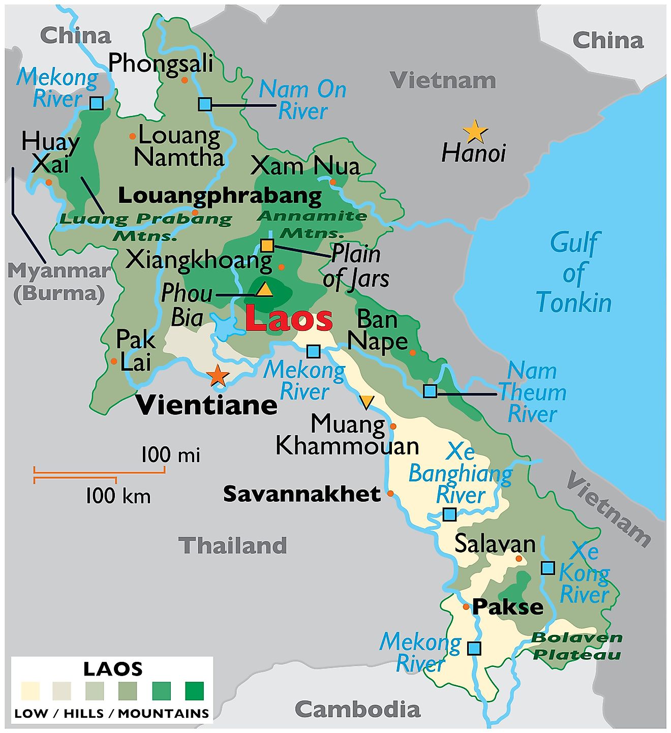 Physical Map of Laos showing international boundaries, relief, highest point, important cities, important rivers, etc.
