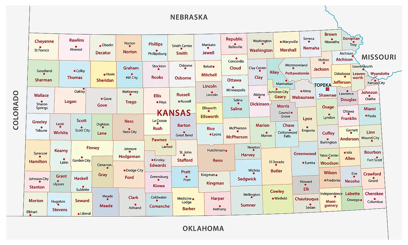 Administrative Map of Kansas showing its 105 counties and the capital city - Topeka