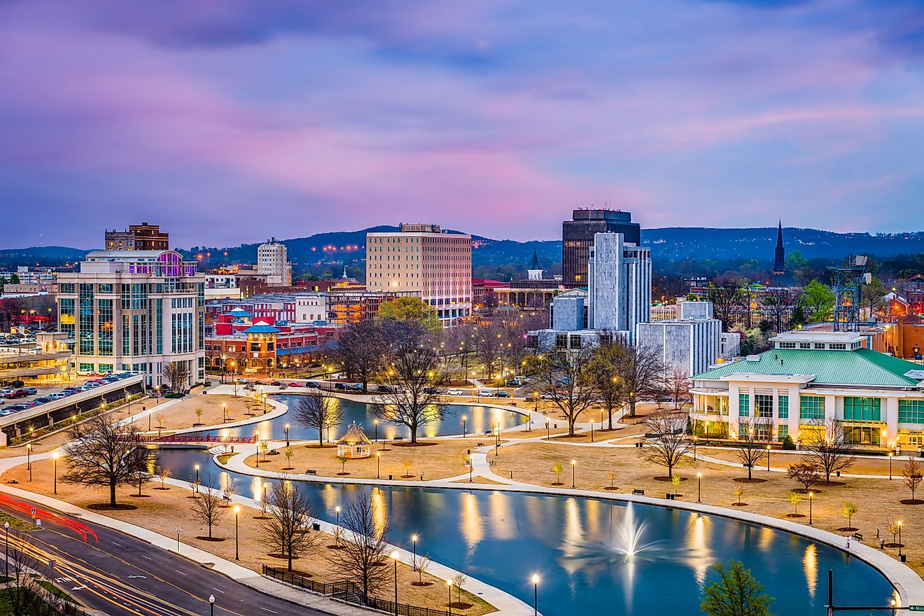 Huntsville, Alabama, USA park and downtown cityscape at twilight.