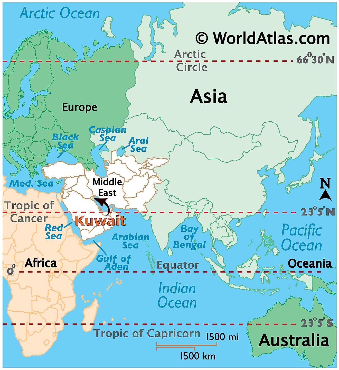 Map showing location of Kuwait in the world.