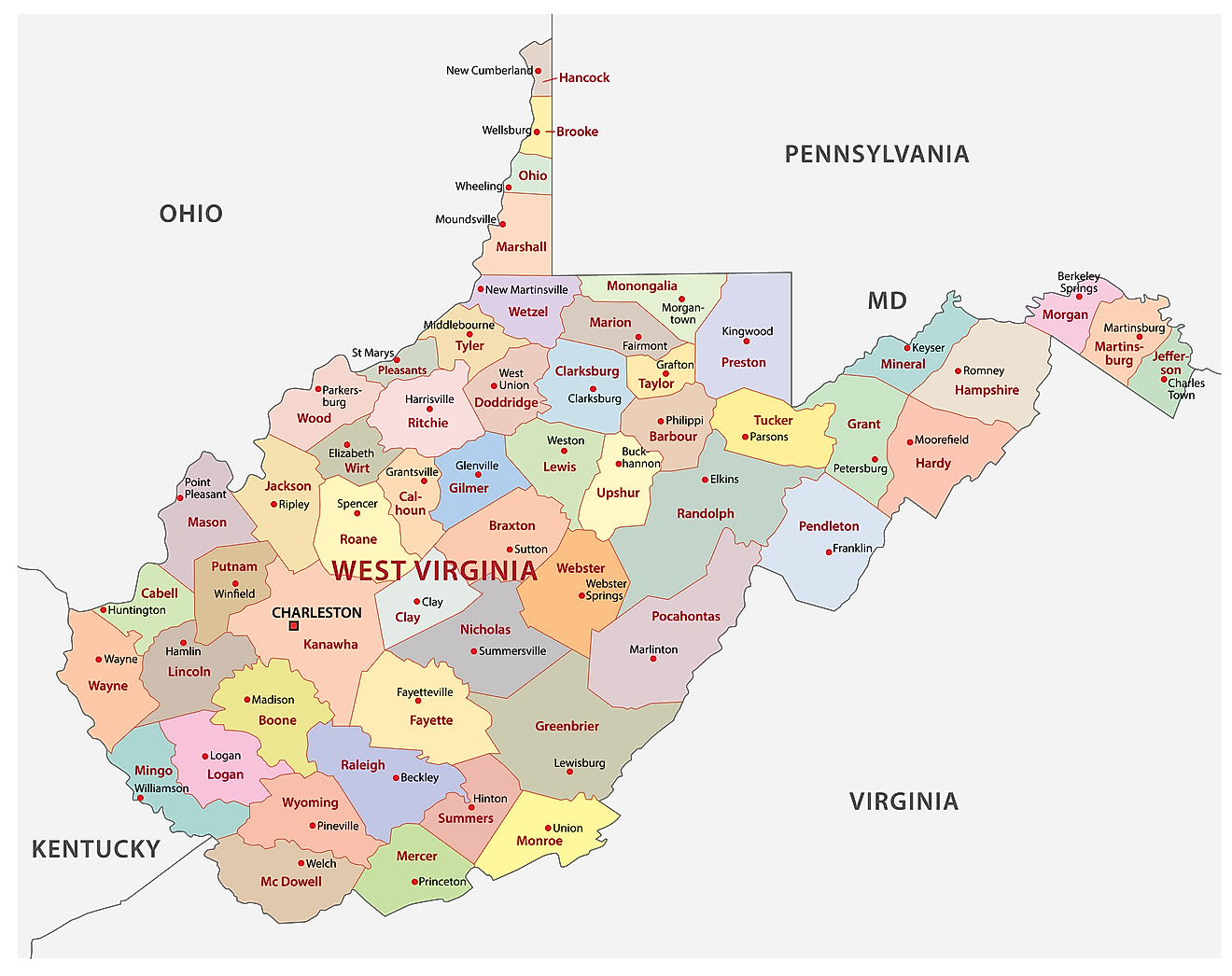 Administrative Map of West Virginia showing its 55 counties and the capital city - Charleston