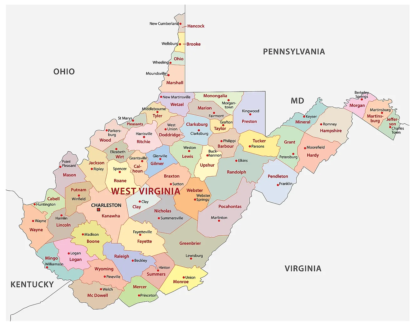 Administrative Map of West Virginia showing its 55 counties and the capital city - Charleston