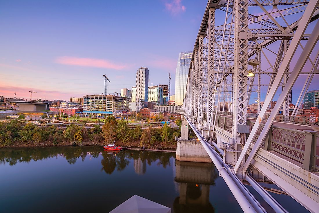 Downtown Nashville as seen from a point on the Cumberland Bridge. 