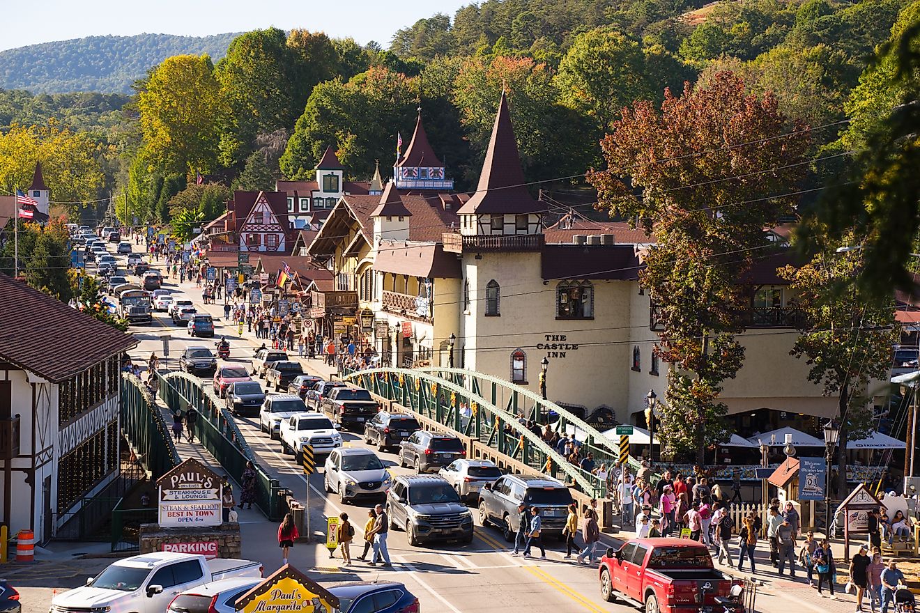 Crowded street in Helen, Georgia, during Oktoberfest. Editorial credit: Anne Elle / Shutterstock.com.