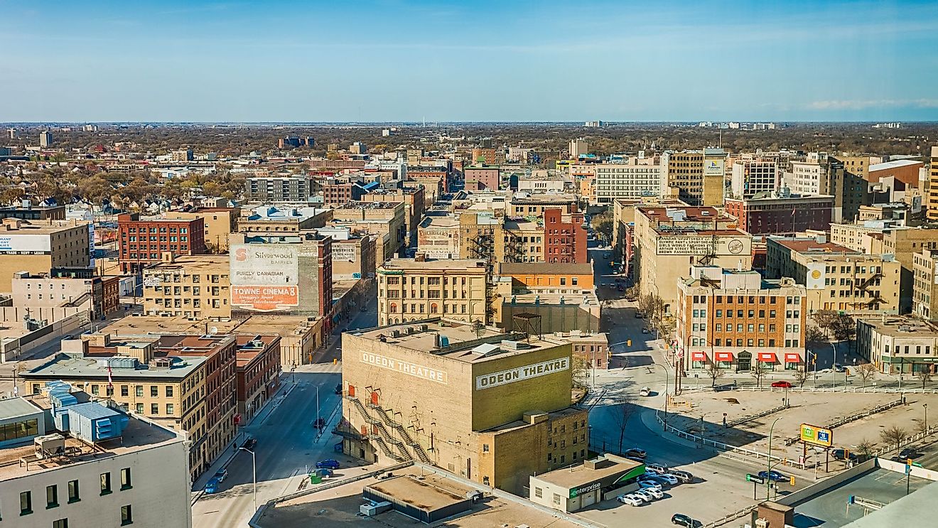 Aerial view of the Exchange District on a clear spring afternoon in Winnipeg, Canada. 