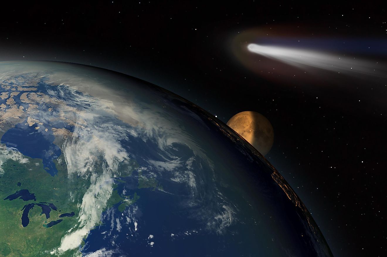 An Illustration of a Comet Passing Near Earth and the Moon