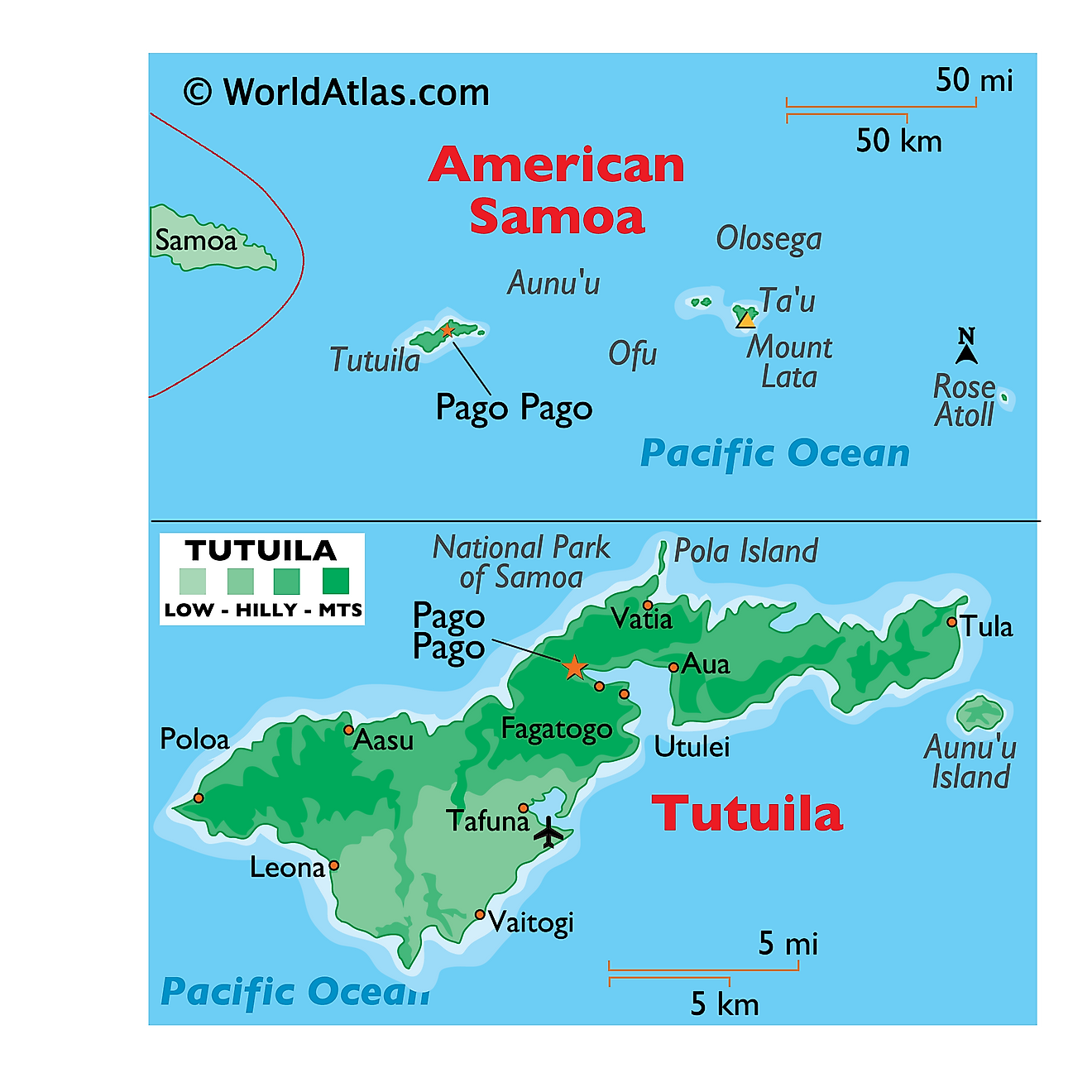 Physical Map of American Samoa showing relief, major islands, highest point, and more.