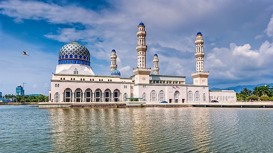 The Kota Kinabalu "Floating Mosque" on its man-made lagoon in the Malaysian state of Sabah on Borneo.