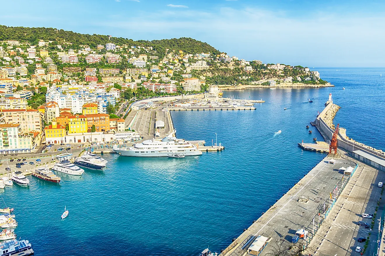 Aerial view of harbor of Nice and Mediterranean Port Lympia with yachts under blue sky, Cote d'Azur, French Riviera, France. Editorial credit: laraslk / Shutterstock.com