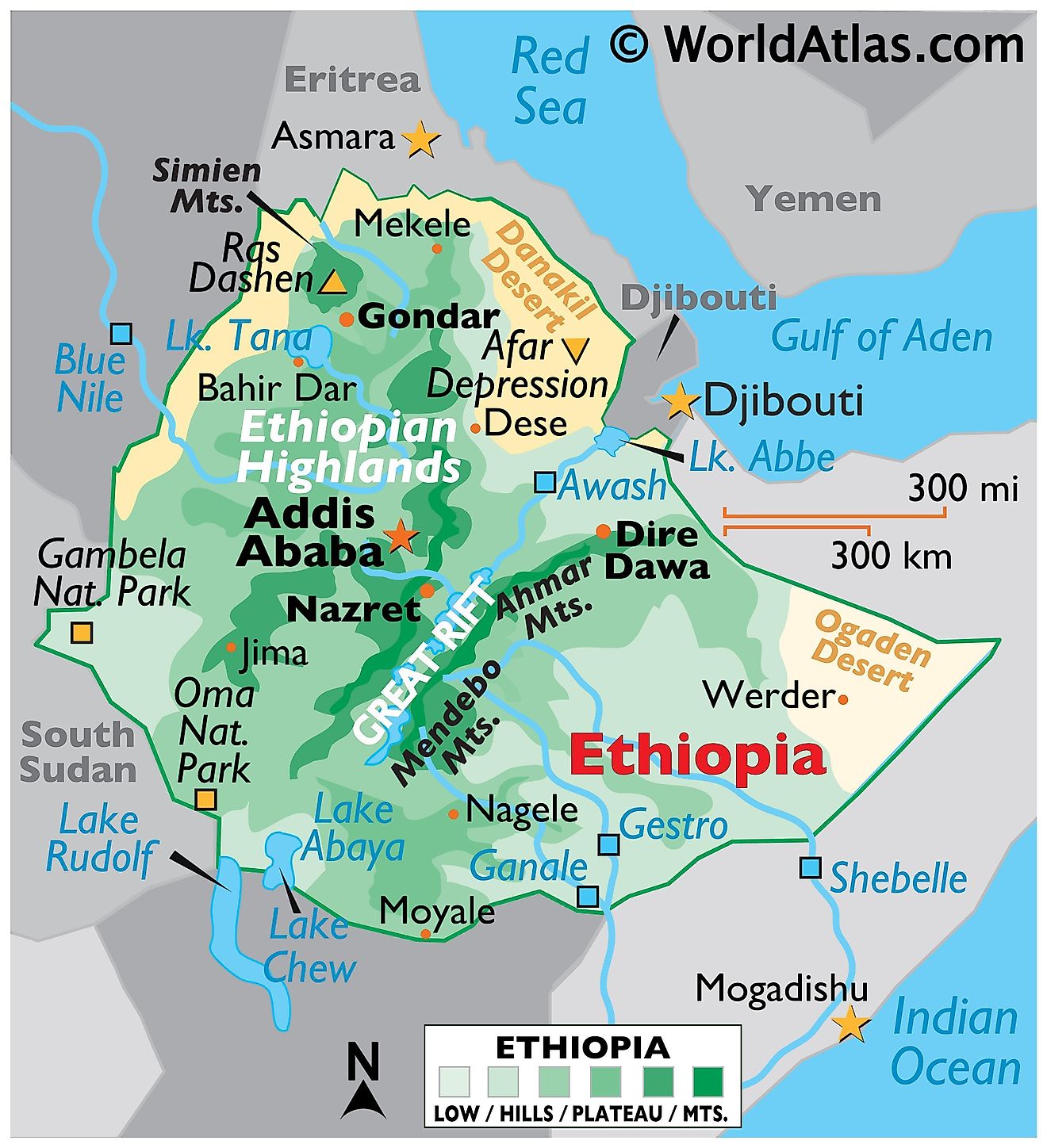 Physical Map of Ethiopia with state boundaries, relief, extreme points, major lakes and rivers, and important cities.