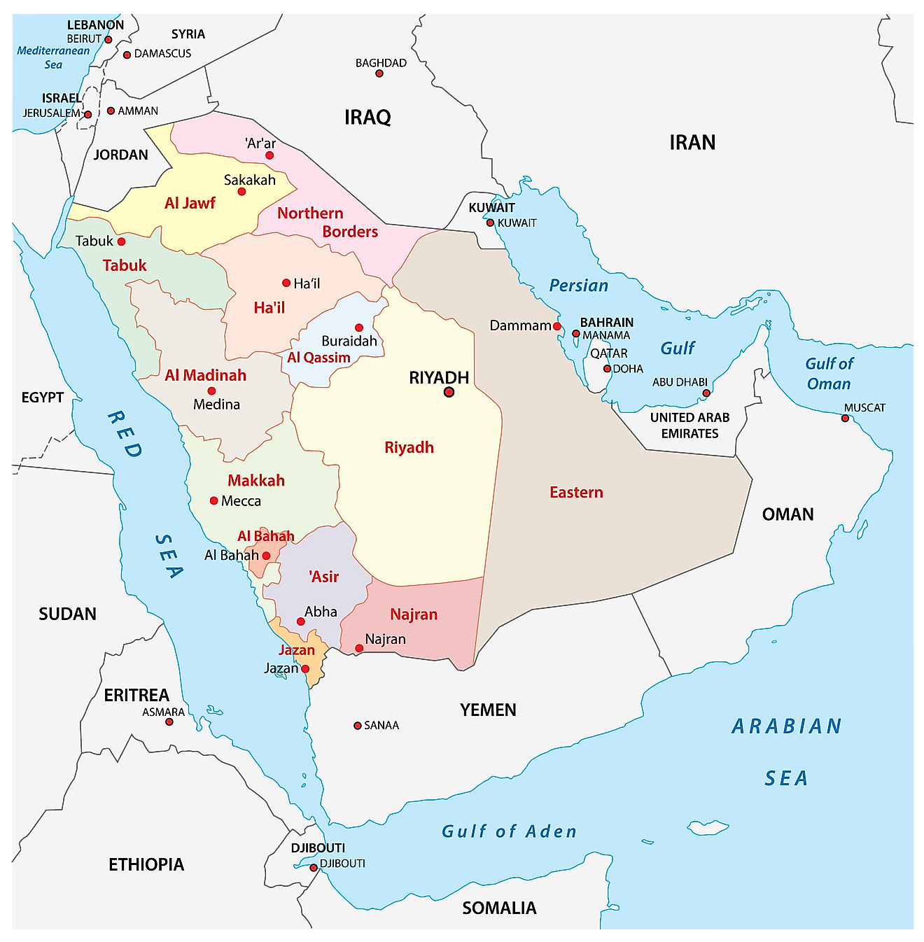 Political Map of Saudi Arabia showing the 13 emirates, their capitals including the national capital of Riyadh.