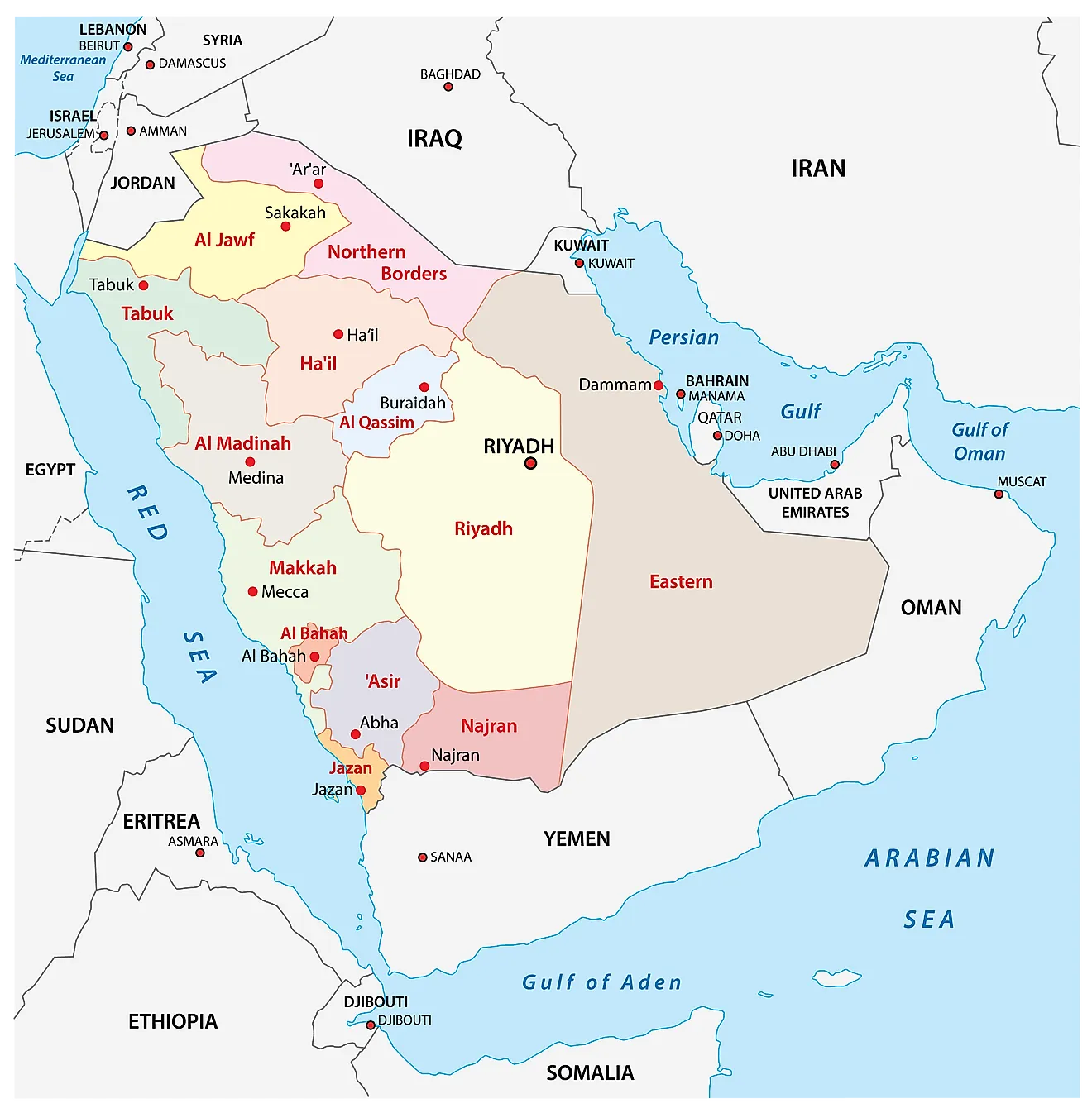 Political Map of Saudi Arabia showing the 13 emirates, their capitals including the national capital of Riyadh.