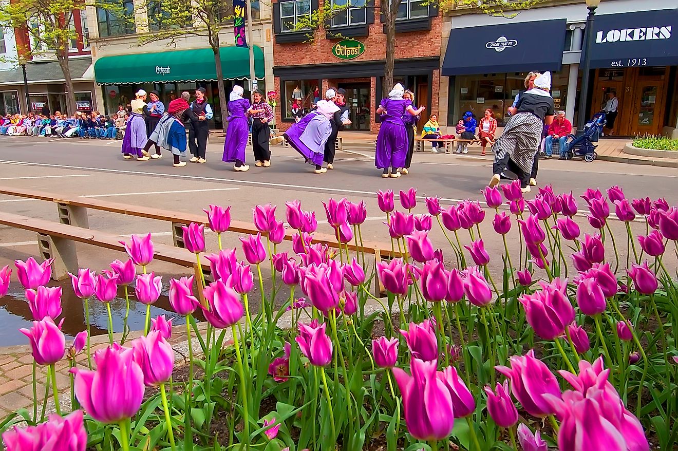 The Tulip Festival on the streets of downtown Holland, Michigan. Editorial credit: Dennis MacDonald / Shutterstock.com