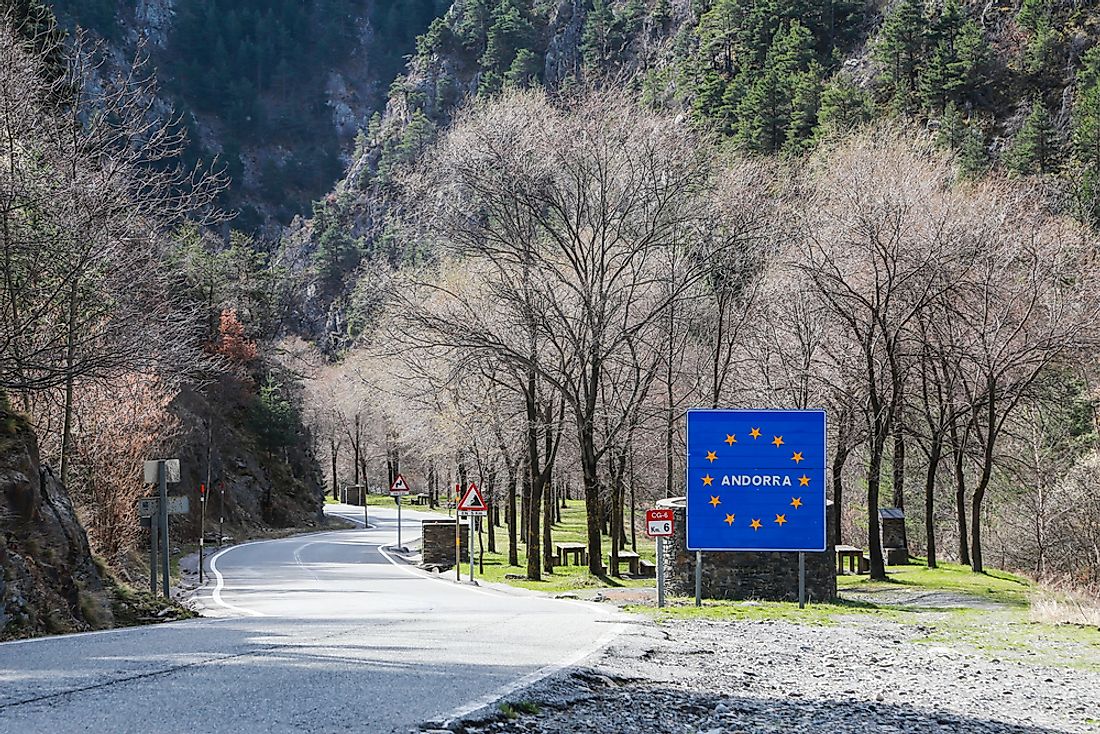 A sign denoting the border crossing into Andorra. Editorial credit: thipjang / Shutterstock.com.