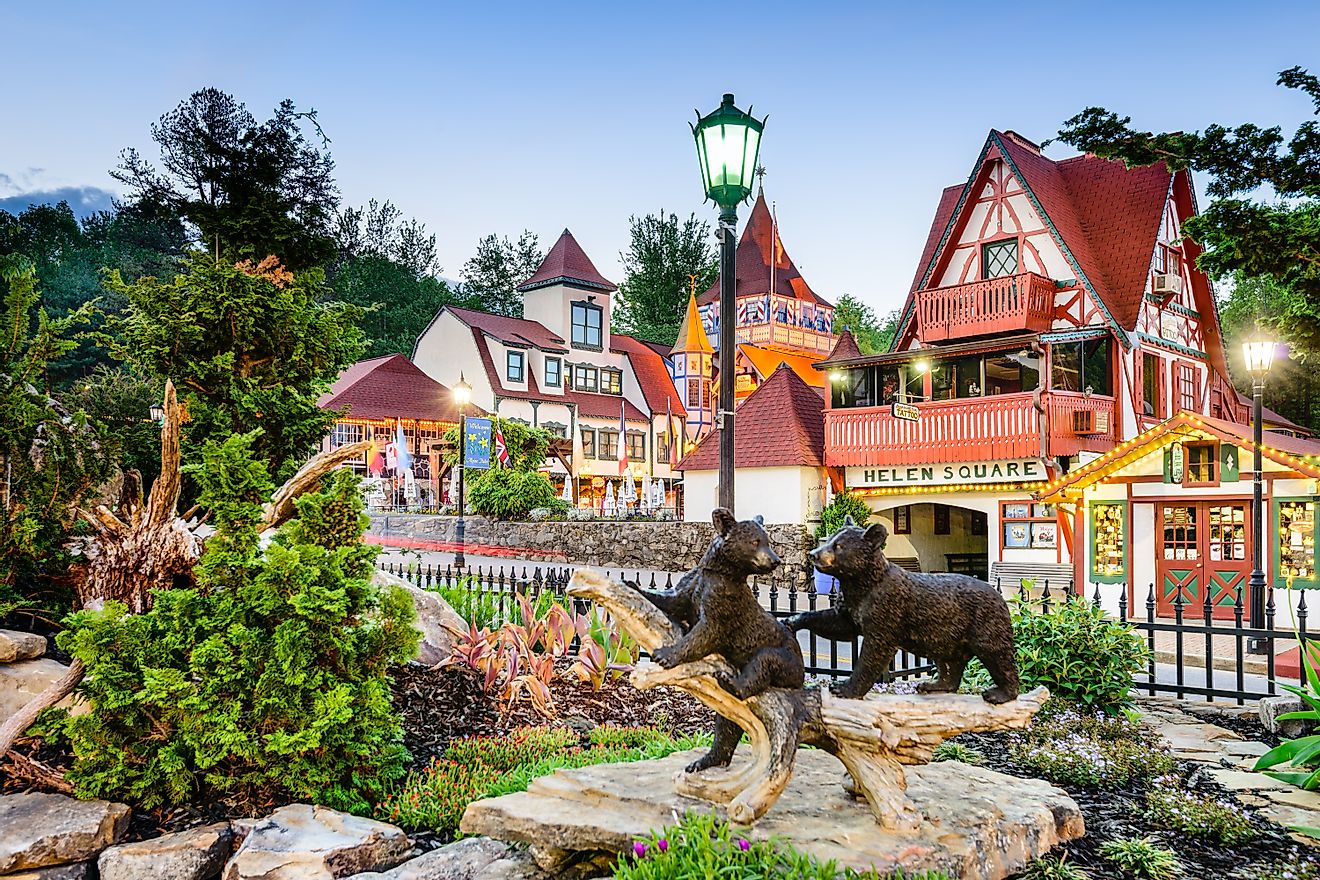 HELEN, GEORGIA - MAY 7, 2013: Helen Square in North Georgia. The architectural theme of the city is inspired by the Bavarian Alps. Editorial Credit: Sean Pavone via Shutterstock.