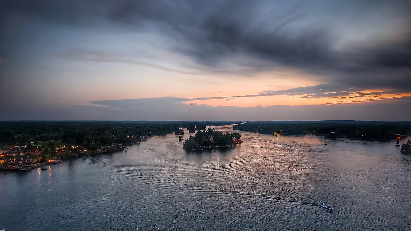 Islands in the St. Lawrence River at sunset near Alexandria Bay, New York.
