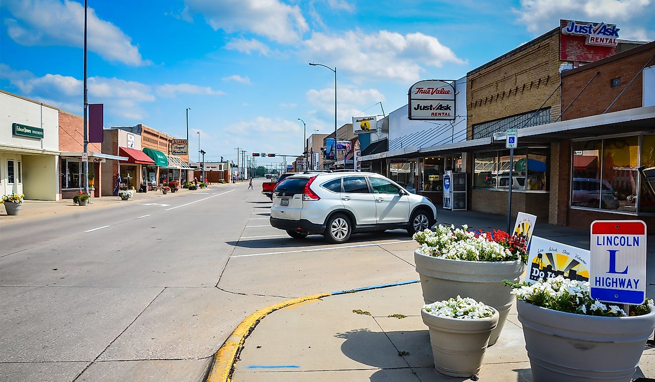 Businesses lined along the Lincoln Highway in Ogallala, Nebraska. Editorial credit: Sandra Foyt / Shutterstock.com