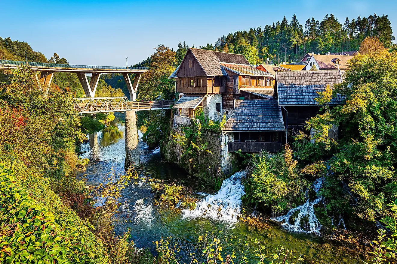 The modern viaduct over the Slunjcica River in Rastoke village of Slunj, Croatia.