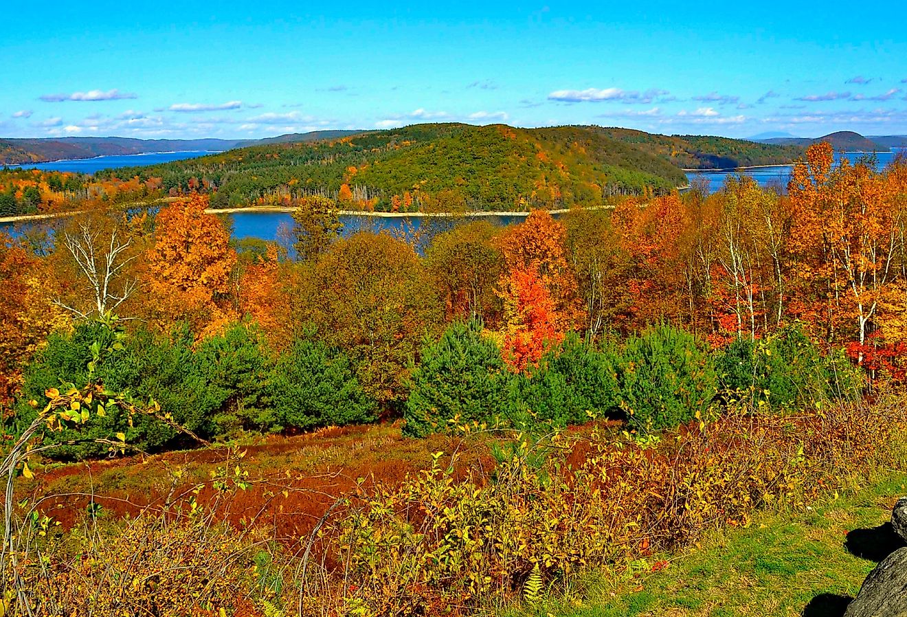 Quabbin Reservoir in Massachusetts during peak foliage season.