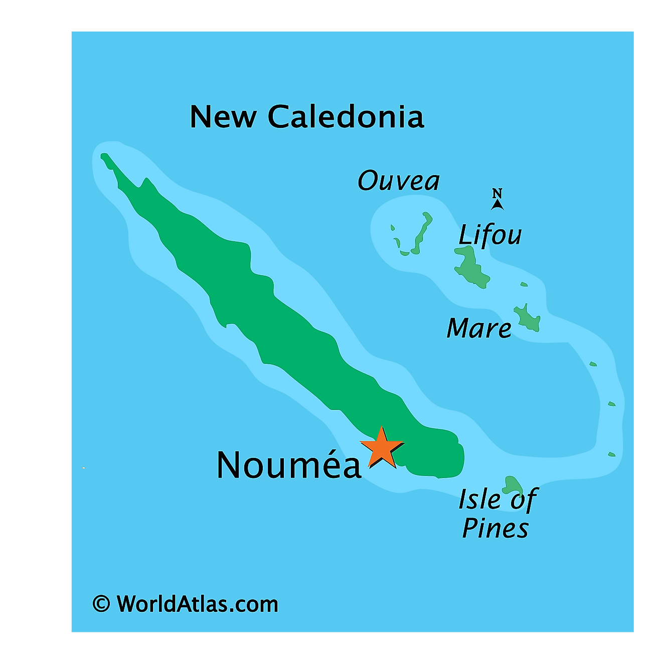 Mapa físico de Nueva Caledonia que muestra las principales islas.