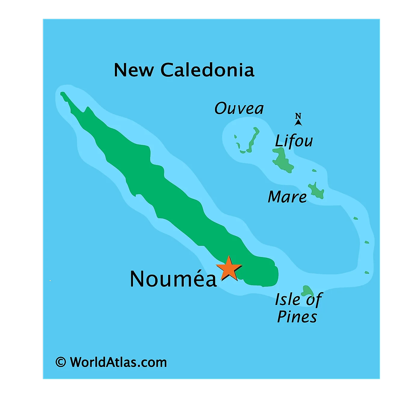 Physical Map of New Caledonia showing major islands.