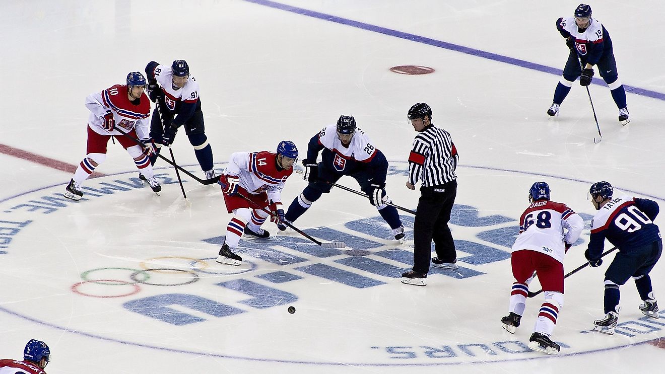 Ice hockey at the 2014 Winter Olympics – Men's tournament Czech Republic vs Slovakia. Image credit: Pawel Maryanov via Wikimedia Commons