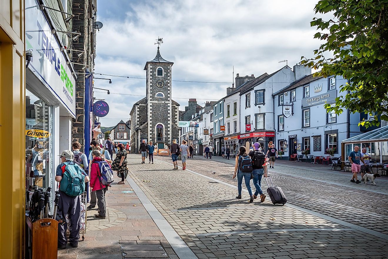 Historic Moot Hall and surrounding shops in Main Street Keswick, Cumbria
