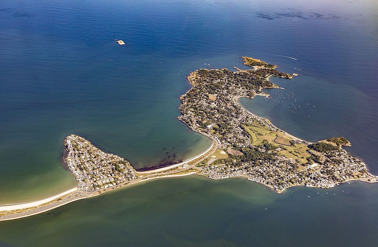 Aerial view of Nahant Island near Boston, Massachusetts in the Atlantic Ocean. 