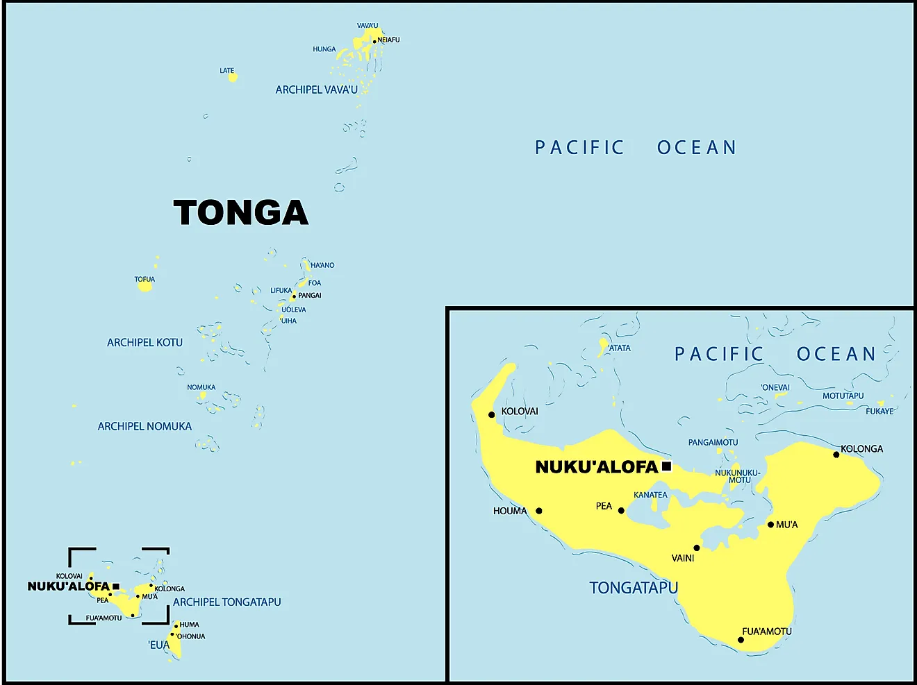 Political Map of Tonga showing its divisions and the capital city of Nukua'lofa