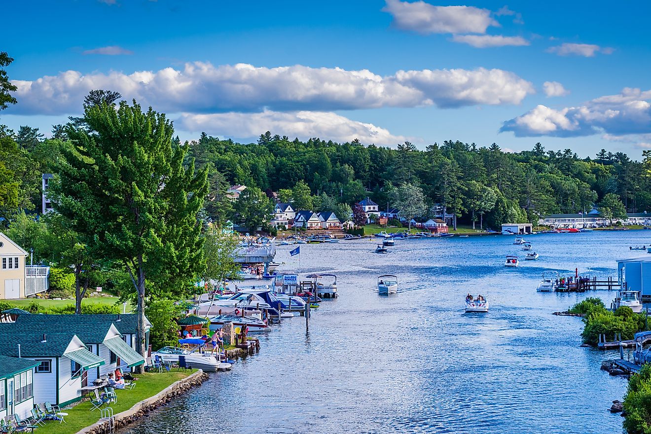 View of boats in Paugus Bay, in Weirs Beach, Laconia, New Hampshire.