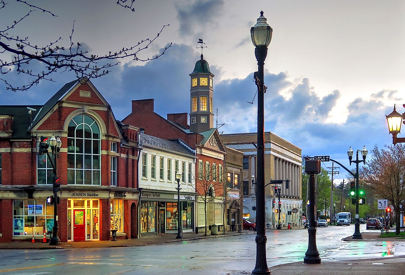 East Washington Street in the Village on a cold wet spring evening, Chagrin Falls, Ohio. Image credit Lynne Neuman via Shutterstock