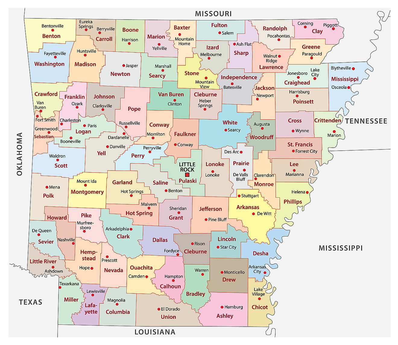 Mapa administrativo de Arkansas que muestra sus 75 condados y su ciudad capital - Little Rock