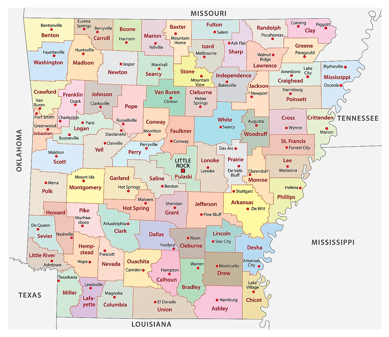 Mapa administrativo de Arkansas que muestra sus 75 condados y su ciudad capital - Little Rock