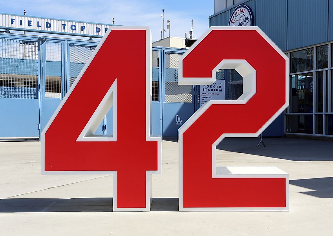 A monument commemorating Jackie Robinson's retired jersey number outside Dodger Stadium in Los Angeles. Editorial credit: Katherine Welles / Shutterstock.com