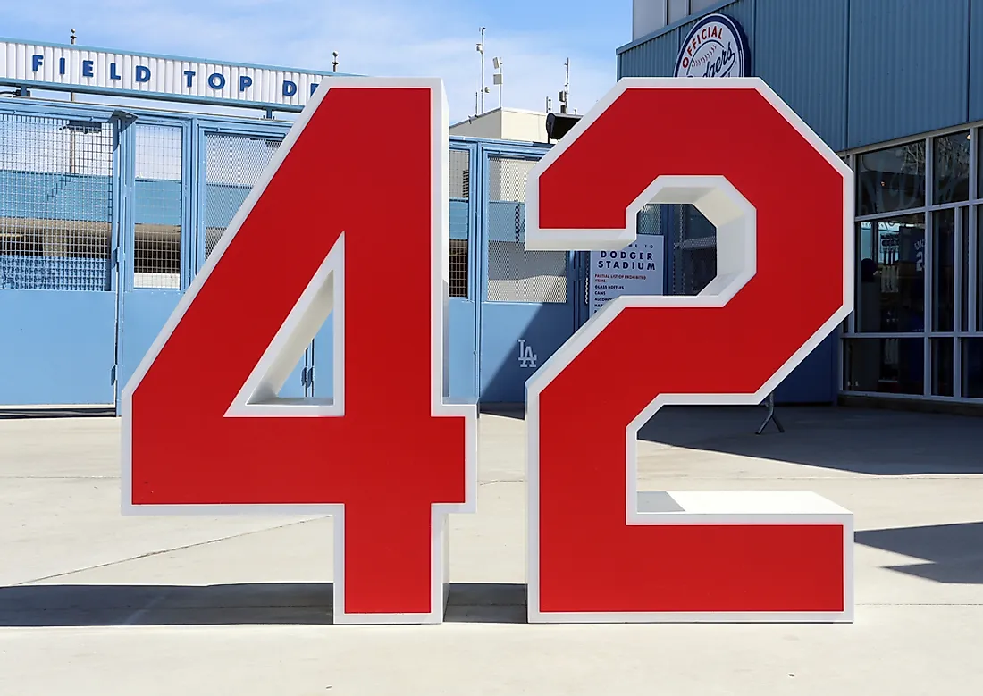 A monument commemorating Jackie Robinson's retired jersey number outside Dodger Stadium in Los Angeles. Editorial credit: Katherine Welles / Shutterstock.com