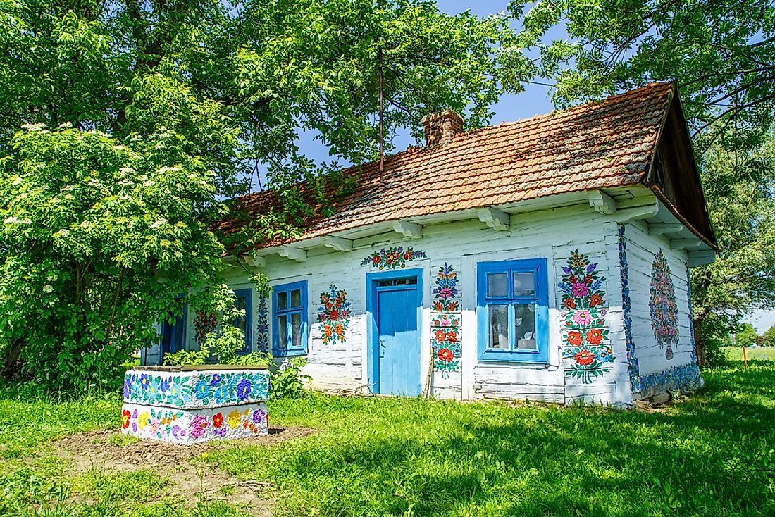 The painted homes of the tiny village of Zalipie has earned it the name "The Painted Village." Editorial credit: Krzyzak / Shutterstock.com