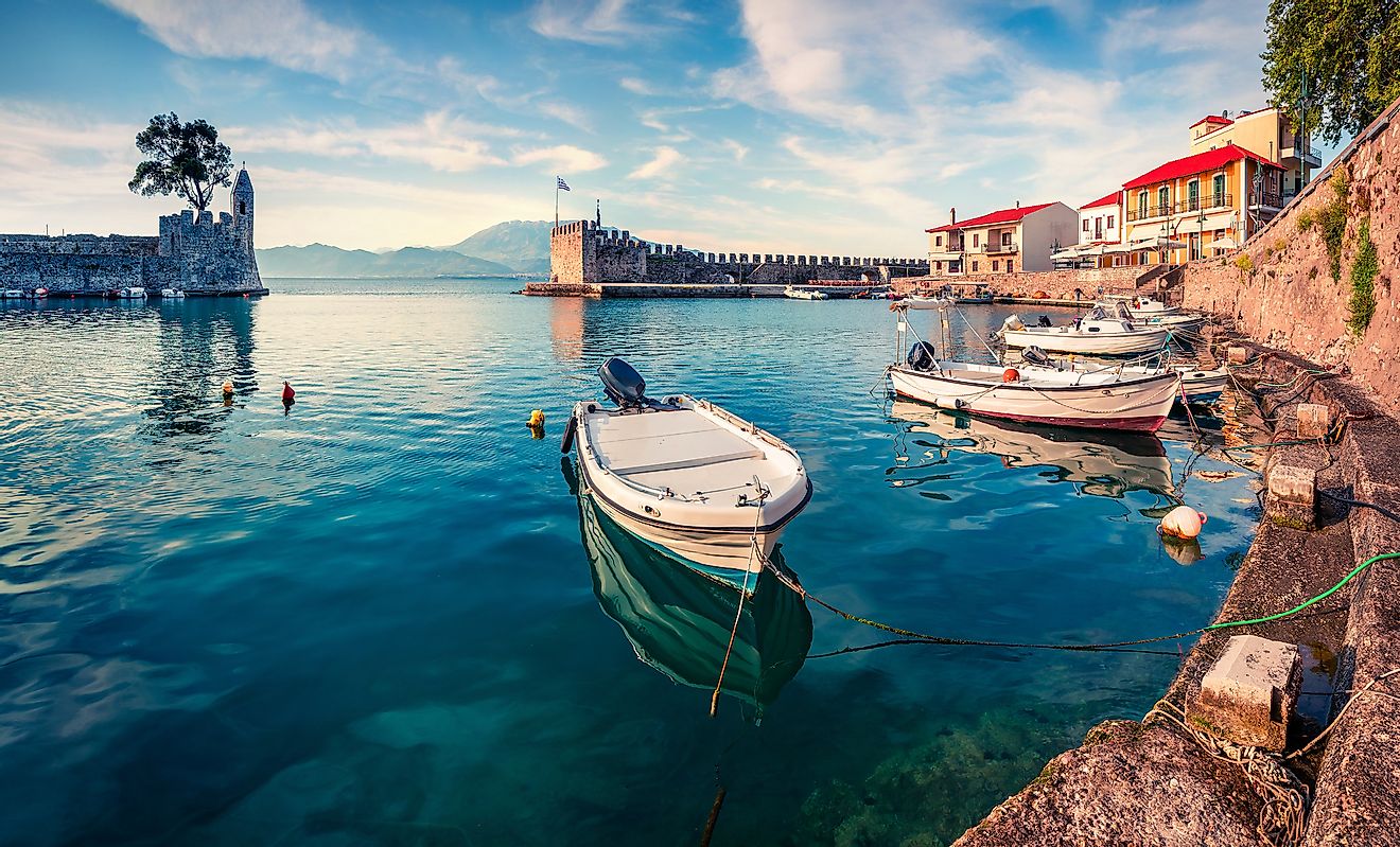 Nafpaktos port in the Gulf of Corinth, Greece, Europe. 