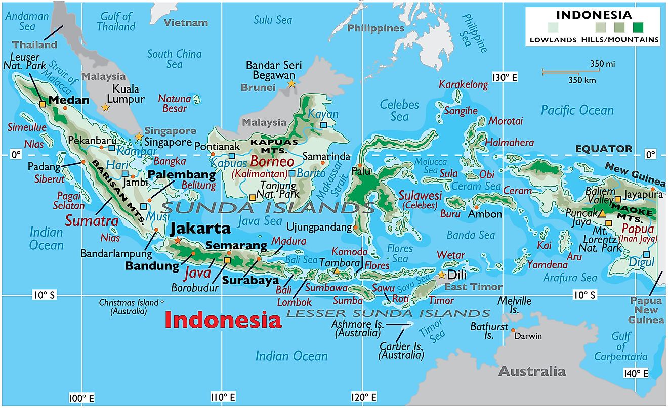 Physical map of Indonesia showing relief, major islands, surrounding bodies of water, major mountain ranges, important settlements, etc.