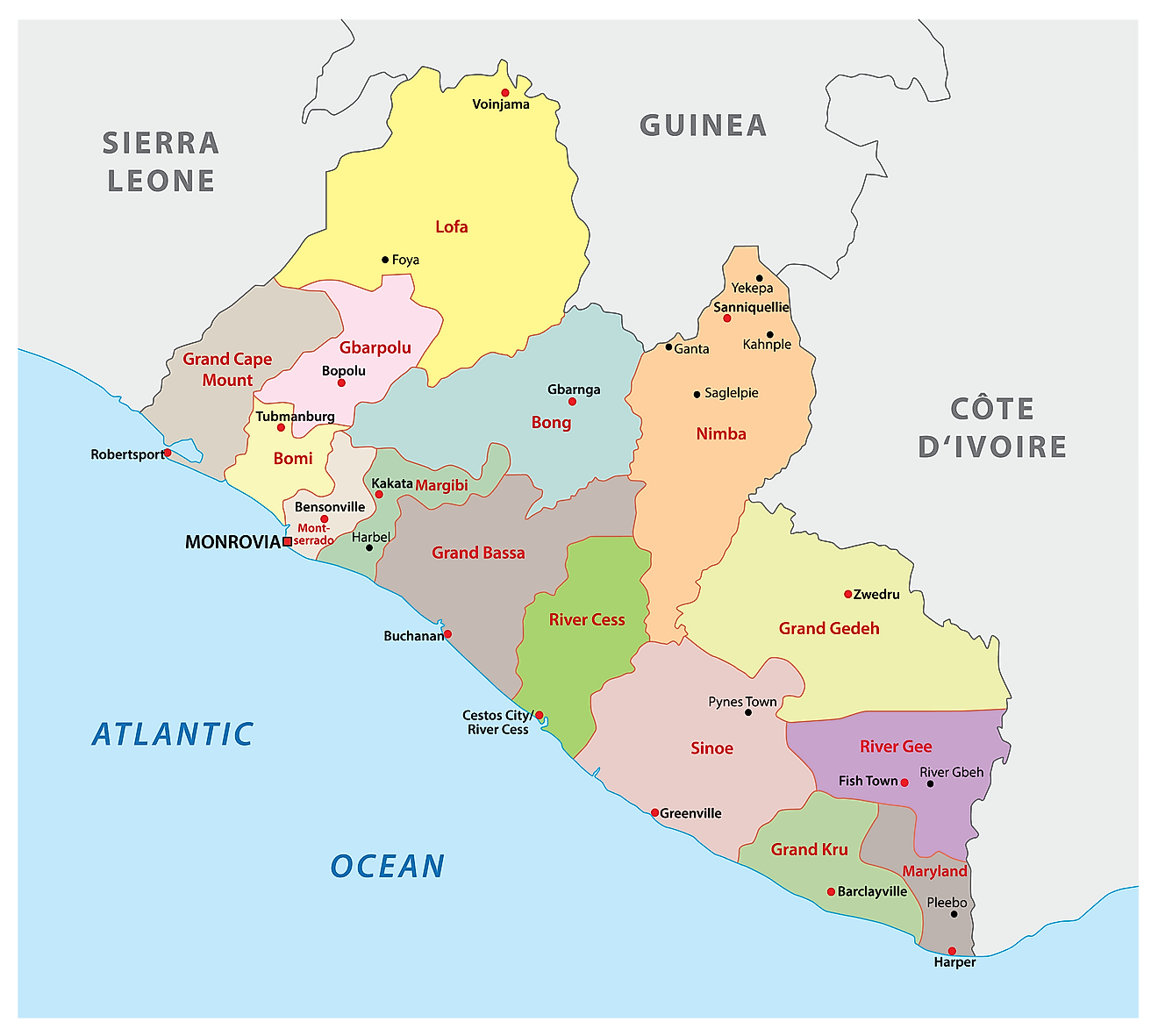 El Mapa Político de Liberia que muestra los 15 condados, sus capitales y la capital nacional de Monrovia.