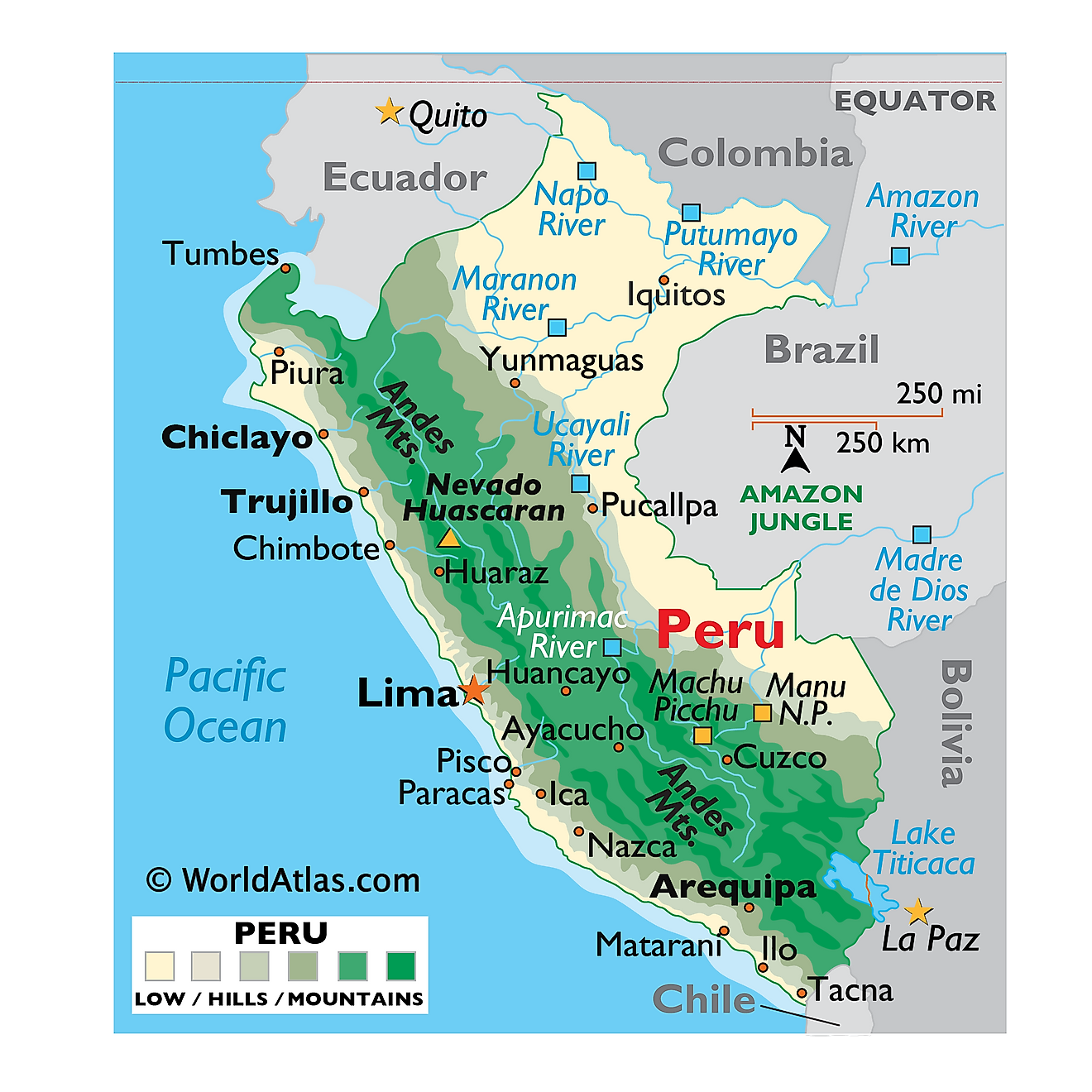 Mapa Físico del Perú mostrando relieve, montañas, ríos principales, Lago Titicaca, ciudades importantes, países vecinos, etc.
