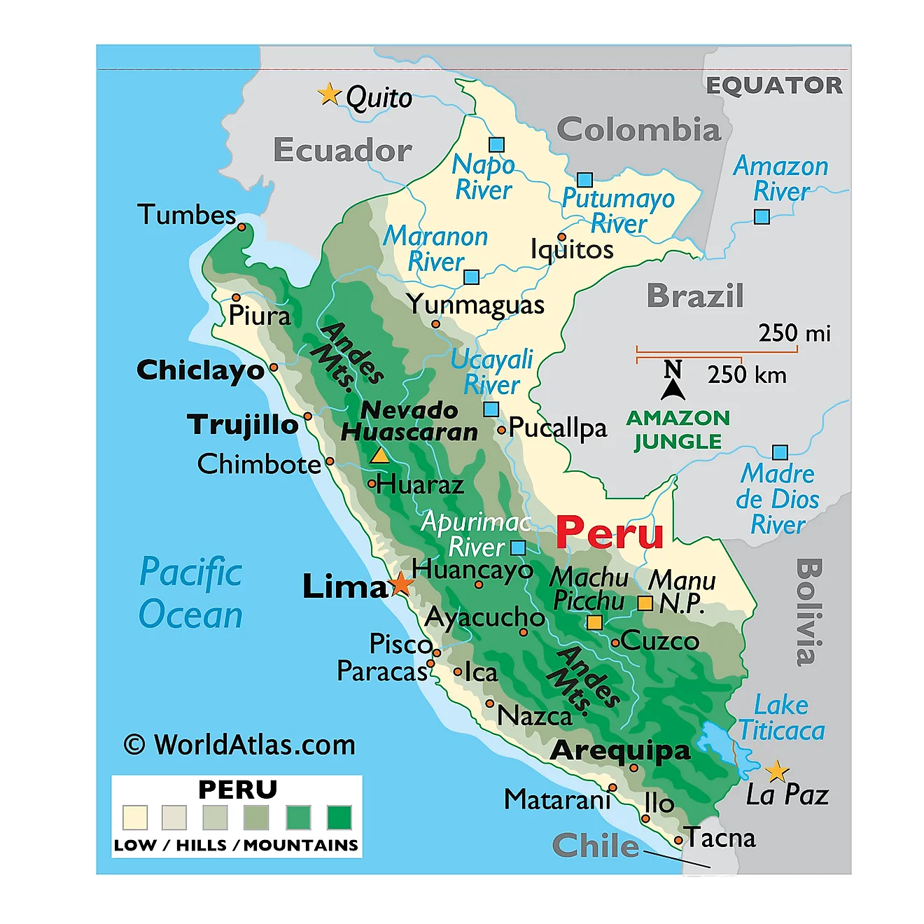 Mapa Físico del Perú mostrando relieve, montañas, ríos principales, Lago Titicaca, ciudades importantes, países vecinos, etc.