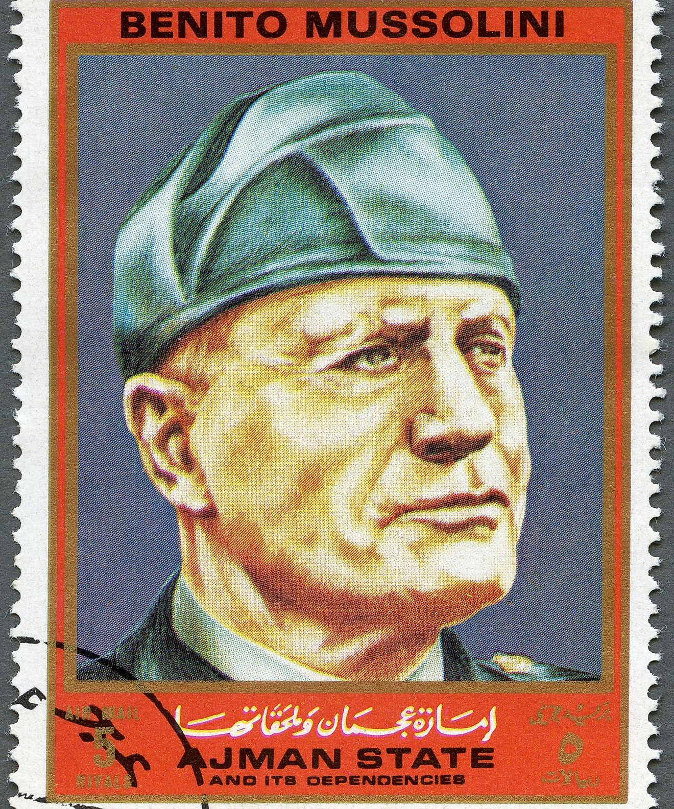 A stamp printed in Ajman shows Benito Mussolini (1883-1945), series Figures from the Second World War, circa 1972