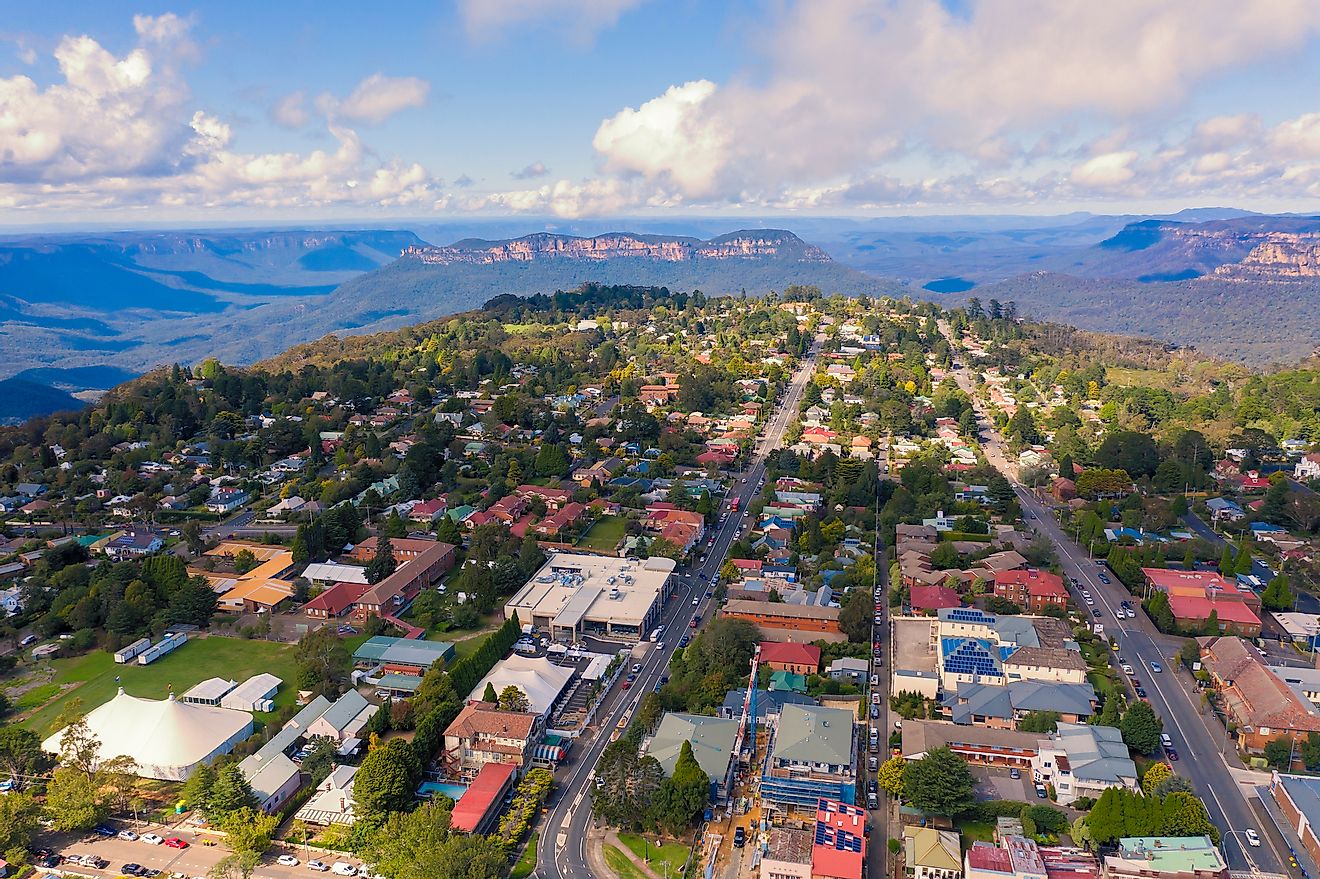 Aerial view of Katoomba and the Blue Mountains in Australia. 